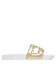 Tommy Hilfiger Klapki Monogram Pool Slide FW0FW09525 Złoty. Żółte klapki damskie Tommy Hilfiger, bez wzorów, ze skóry, bez obcasa. Za 189.99 zł.