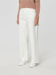 Spodnie wide leg high waist - kremowy. Białe spodnie materiałowe damskie Sinsay, bez wzorów, z bawełny, z podwyższonym stanem. Za 89.99 zł.