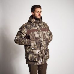 Kurtka myśliwska Solognac 500 Warm wodoodporna camo treemetic. Brązowe kurtki męskie SOLOGNAC, m, bez wzorów, z polaru, bez kaptura. Za 599.99 zł.