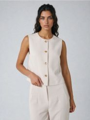 Kamizelka garniturowa z ozdobnymi guzikami z domieszką wiskozy - kremowy. Białe kamizelki damskie Sinsay, l, z wiskozy. Za 49.99 zł.