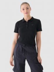 4F Koszulka polo slim damska - czarna XS. Czarne bluzki damskie 4f, xs, bez wzorów, z bawełny, klasyczne, bez kołnierzyka, bez ramiączek. Za 89.99 zł.