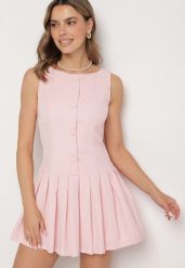 Różowa Sukienka z Plisowanym Dołem Tunelia. Czerwone sukienki damskie Born2be, na co dzień, m, bez wzorów, eleganckie, bez kołnierzyka, bez ramiączek, mini, plisowane. W wyprzedaży za 103.99 zł.