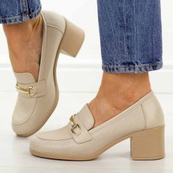 Beżowe półbuty damskie na obcasie, mokasyny Potocki 12774. Brązowe mokasyny damskie POTOCKI, z jeansu. Za 179.00 zł.