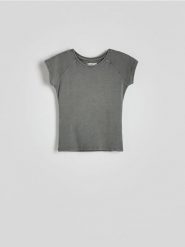 T-shirt z efektem sprania - ciemnoszary. Szare t-shirty damskie Reserved, l, bez wzorów, z bawełny, bez kołnierzyka. W wyprzedaży za 35.99 zł.