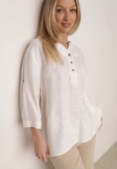 Biała Koszula z Wiskozy z Haftowanymi Kwiatami Sylimeine. Białe koszule damskie Born2be, l, bez wzorów, z materiału, biznesowe, bez kołnierzyka, bez ramiączek. Za 89.99 zł.