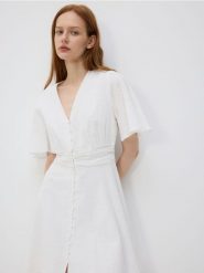 Bawełniana sukienka midi - złamana biel. Sukienki damskie Reserved, na co dzień, l, bez wzorów, z bawełny, bez kołnierzyka, bez ramiączek, midi, proste. Za 149.99 zł.