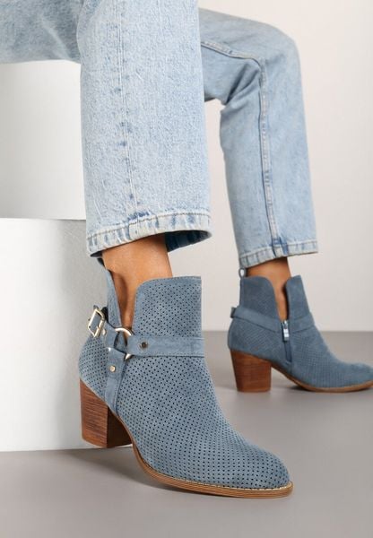 Niebieskie Botki Kowbojki Vices na Słupku z Klamrą Falfedi. Niebieskie botki damskie Renee, na zimę, z jeansu, bez obcasa, na obcasie, bez zapięcia. Za 149.99 zł.