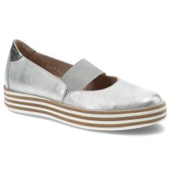Srebrne Półbuty Simen Skórzane Buty Damskie. Szare półbuty damskie Simen, z aplikacjami, ze skóry, eleganckie, bez obcasa, na platformie. Za 229.00 zł.