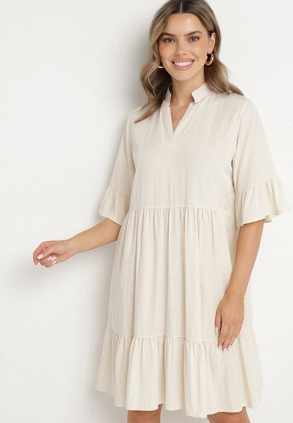 Beżowa Sukienka Rozkloszowana z Wiskozą Ozdobiona Falbanami Eviriane. Brązowe sukienki damskie Born2be, na co dzień, na lato, bez wzorów, z wiskozy, bez kołnierzyka, bez ramiączek, proste. Za 79.99 zł.