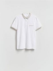 Bawełniana koszulka polo slim - biały. Białe koszulki polo męskie Reserved, l, bez wzorów, z bawełny, bez ramiączek. Za 89.99 zł.