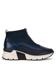 Rieker Botki N6352-14 Niebieski. Niebieskie botki damskie Rieker, z materiału, bez obcasa, na koturnie, bez zapięcia. Za 329.99 zł.