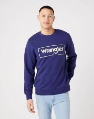 WRANGLER FRAME LOGO CREW MĘSKA BLUZA LOGO NADRUK BLUE W662HAB51 112321426. Niebieskie bluzy bez kaptura męskie Wrangler, m. Za 129.99 zł.