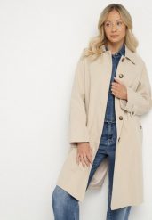 Beżowy Płaszcz Jednorzędowy z Kołnierzykiem Ronisse. Brązowe płaszcze damskie Born2be, l, bez wzorów, z jeansu, eleganckie. Za 169.99 zł.