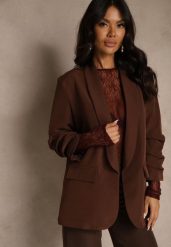 Jasnobrązowa Pudełkowa Marynarka Bez Zapięć z Wiskozą z Marszczonymi Rękawami Fenidia. Marynarki i żakiety damskie Renee, l, bez wzorów, z wiskozy. Za 99.99 zł.