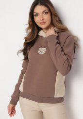 Brązowa Bawełniana Bluza z Kapturem z Polarem i Naszywką Misia Hestada. Brązowe bluzy z kapturem damskie Born2be, z bawełny. Za 99.99 zł.