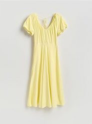 Sukienka z wiskozą - jasnożółty. Żółte sukienki damskie Reserved, l, bez wzorów, z tkaniny, bez kołnierzyka, bez ramiączek. Za 139.99 zł.