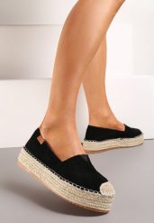 Czarne Espadryle z Imitacji Zamszu na Platformie z Jutowej Plecionki Mirrona. Czarne espadryle damskie Renee, bez wzorów, bez obcasa, na platformie. Za 64.99 zł.