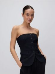 Kamizelka bandeau z dodatkiem lnu - czarny. Czarne kamizelki damskie Reserved, l, z wiskozy. W wyprzedaży za 109.99 zł.