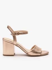 Platynowe sandały na obcasie. Brązowe sandały damskie Ryłko, bez wzorów, ze skóry, bez obcasa, na obcasie. Za 379.99 zł.