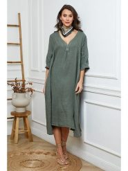 Joséfine Lniana sukienka w kolorze khaki rozmiar: XL. Brązowe sukienki damskie Joséfine, na co dzień, xl, bez wzorów, ze lnu, z asymetrycznym kołnierzem, bez ramiączek, maxi, asymetryczne. Za 242.13 zł.