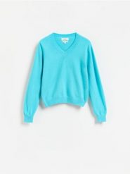 Wełniany sweter - turkusowy. Niebieskie swetry klasyczne damskie Reserved, l, z wełny, bez kołnierzyka. Za 199.99 zł.
