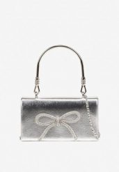 Srebrna Wizytowa Torebka Vices ze Sztywną Rączką i Łańcuszkiem na Ramię Jalinne. Szare torebki wieczorowe Born2be, bez wzorów, eleganckie, bez kołnierzyka, bez ramiączek. Za 54.99 zł.