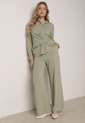 Zielony Wiskozowy Komplet Asymetryczna Koszula i Spodnie z Kieszeniami Moneia. Zielone koszule damskie Born2be, bez wzorów, z wiskozy, eleganckie. Za 159.99 zł.