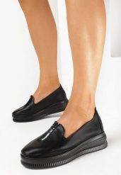 Czarne Półbuty na Koturnie z Wkładką ze Skóry Naturalnej Isobelliss. Czarne czółenka damskie Born2be, bez wzorów, ze skóry, bez obcasa, na koturnie. Za 139.99 zł.