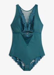 Body o średnim stopniu modelowania sylwetki, z koronką. Niebieskie body damskie bonprix, bez wzorów, z koronki. Za 109.99 zł.