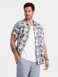 Wiskozowa wzorzysta męska koszula z krótkim rękawem – palmy V7. Białe koszule męskie Ombre Clothing, l, bez wzorów, z materiału, bez kołnierzyka, bez ramiączek. W wyprzedaży za 49.99 zł.