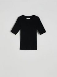 T-shirt slim fit - czarny. Czarne t-shirty damskie Reserved, l, bez wzorów, z bawełny, bez kołnierzyka. W wyprzedaży za 39.99 zł.