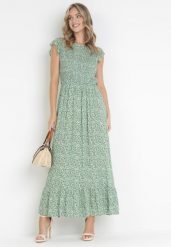 Zielona Rozkloszowana Sukienka Maxi w Kwiaty Ocoletta. Zielone sukienki damskie Born2be, na imprezę, m, bez wzorów, z tkaniny, bez kołnierzyka, bez ramiączek, maxi, rozkloszowane. W wyprzedaży za 79.99 zł.