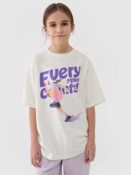 4F T-shirt oversize z nadrukiem dziewczęcy - biały 158 (12-13 lat). Białe koszulki dziewczęce 4f, bez wzorów, z bawełny, bez ramiączek. W wyprzedaży za 19.99 zł.