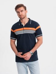 Dopasowana koszulka męska polo z dwukolorowymi pasami – granatowa V1 - Rozmiar: S. Niebieskie koszulki polo męskie Ombre Clothing, l, z aplikacjami, z bawełny, bez ramiączek. W wyprzedaży za 39.99 zł.