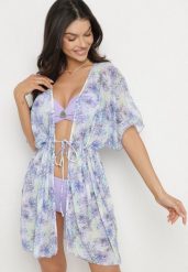 Fioletowa Narzutka Plażowa w Kwiaty z Wiązaniem Ulonesia. Fioletowe bikini damskie Born2be, bez wzorów. Za 49.99 zł.