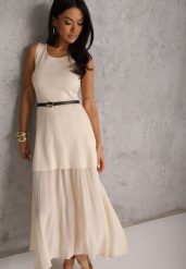 Beżowa Dzianinowa Sukienka z Wiskozą Zdobiona Podszewką i Paskiem z Klamrą Arkilia. Brązowe sukienki damskie Renee, na co dzień, m, z aplikacjami, z dzianiny, bez kołnierzyka, bez ramiączek, maxi. Za 109.99 zł.