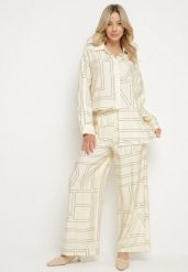 Beżowy Wiskozowy Komplet w Geometryczny Wzór Spodnie i Koszula Hanarieth. Brązowe koszule damskie Born2be, bez wzorów, z wiskozy, eleganckie. Za 139.99 zł.