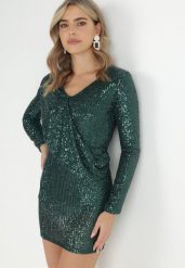 Ciemnozielona Cekinowa Sukienka Mini z Gumką w Pasie Colke. Zielone sukienki damskie Born2be, m, bez wzorów, bez kołnierzyka, bez ramiączek, mini, dopasowane. W wyprzedaży za 127.99 zł.