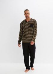 Piżama z czystej bawełny z długim rękawem. Czarne piżamy męskie bonprix, m, bez wzorów, z bawełny, bez ramiączek. Za 99.99 zł.