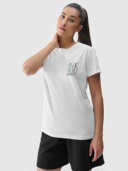4F T-shirt slim z nadrukiem damski - biały XS. Białe t-shirty damskie 4f, xs, bez wzorów, z bawełny, bez kołnierzyka. W wyprzedaży za 29.99 zł.