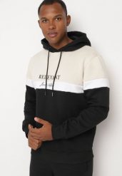 Czarno-Beżowa Bluza o Prostym Kroju z Kapturem Zdobiona Nadrukiem Bonilie. Czarne bluzy z kapturem męskie Born2be, l, z materiału. Za 79.99 zł.
