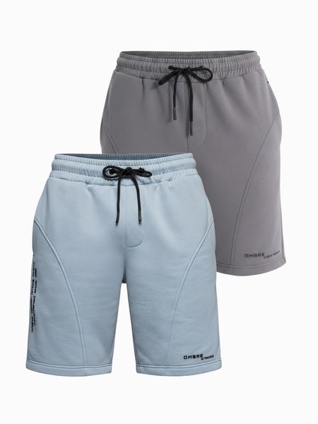 Zestaw dwóch męskich szortów dresowych z nadrukami - jasnoniebieskie/szare V2 - Rozmiar: S. Szare szorty męskie Ombre Clothing, bez wzorów, z bawełny, biznesowe. W wyprzedaży za 99.99 zł.