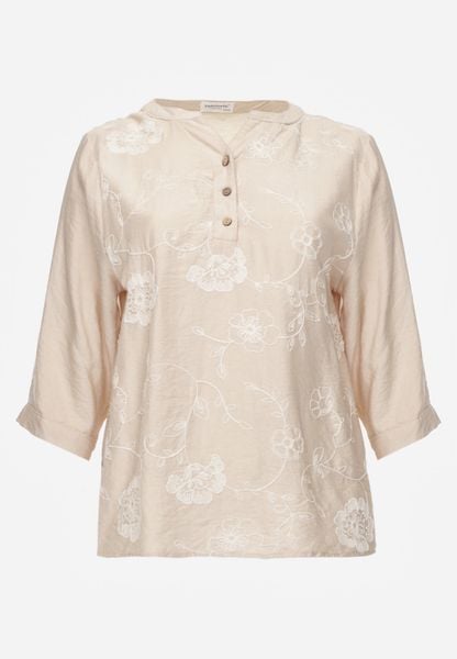 Beżowa Bluzka Ozdobiona Guzikami i Haftowanymi Kwiatami Delmana. Brązowe bluzki damskie Born2be, plus size, z aplikacjami, z materiału, boho, bez kołnierzyka, plus size, bez ramiączek. Za 69.99 zł.