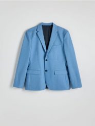 Marynarka slim fit - jasnoniebieski. Niebieskie marynarki męskie Reserved, bez wzorów, z dzianiny. W wyprzedaży za 159.99 zł.