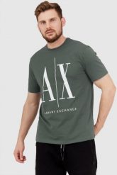 ARMANI EXCHANGE Szaro-zielony t-shirt męski z dużym logo. Zielone t-shirty męskie Armani Exchange, l, bez wzorów, prążkowane, bez kołnierzyka. W wyprzedaży za 159.99 zł.