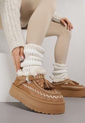 Brązowe Śniegowce na Platformie Ozdobione Haftem i Frędzlami Linomis. Brązowe śniegowce damskie Renee, z jeansu. Za 119.99 zł.