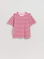Bawełniany t-shirt z nadrukiem - wielobarwny. T-shirty damskie Reserved, l, bez wzorów, z bawełny, bez kołnierzyka. Za 59.99 zł.