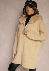 Beżowy Rozpinany Płaszcz z Wiskozą Wełną i Futerkiem Xesalttia. Brązowe płaszcze damskie Renee, l, bez wzorów, z futra, biznesowe. Za 229.99 zł.
