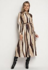 Brązowa Sukienka w Abstrakcyjny Wzór o Długim Koszulowym Kroju z Gumką i Paskiem w Talii Neriae. Brązowe sukienki damskie Born2be, do pracy, l, bez wzorów, biznesowe, bez kołnierzyka, bez ramiączek, midi, koszulowe. Za 139.99 zł.