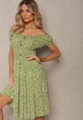 Jasnozielona Bawełniana Sukienka na Lato o Fasonie Hiszpanki z Gumką w Talii Ledas. Zielone sukienki damskie Renee, na co dzień, na lato, m, bez wzorów, z bawełny, eleganckie, bez kołnierzyka, bez ramiączek, midi. W wyprzedaży za 43.99 zł.